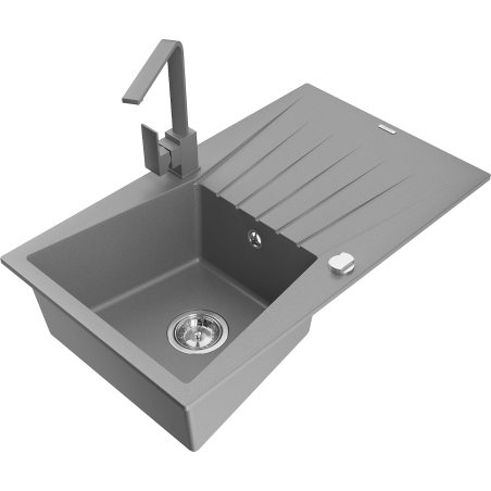 Mexen Cesar évier en granit 1 bac avec égouttoir et robinet de cuisine Rita, gris - 6514-71-670300-71