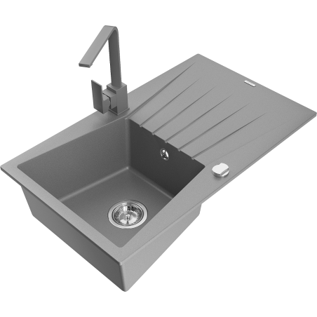 Mexen Cesar single-bowl granite sink with drainer and Rita kitchen tap, grey - 6514-71-670300-71