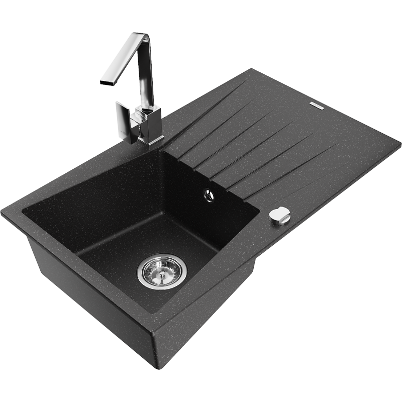 Mexen Cesar 1-bowl granite sink with drainer and Rita kitchen tap, black/silver metallic - 6514-73-670300-00