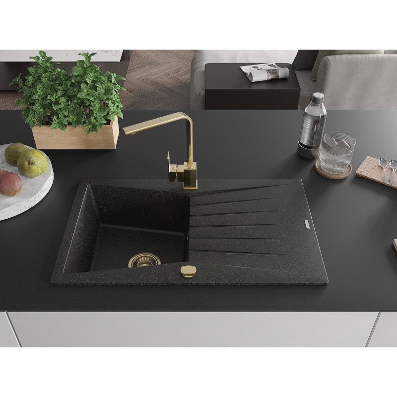 Mexen Cesar granitische spoelbak met 1 bak en afdruipplank en keukenmengkraan Rita, zwart/zilver metallic - 6514-73-670300-50