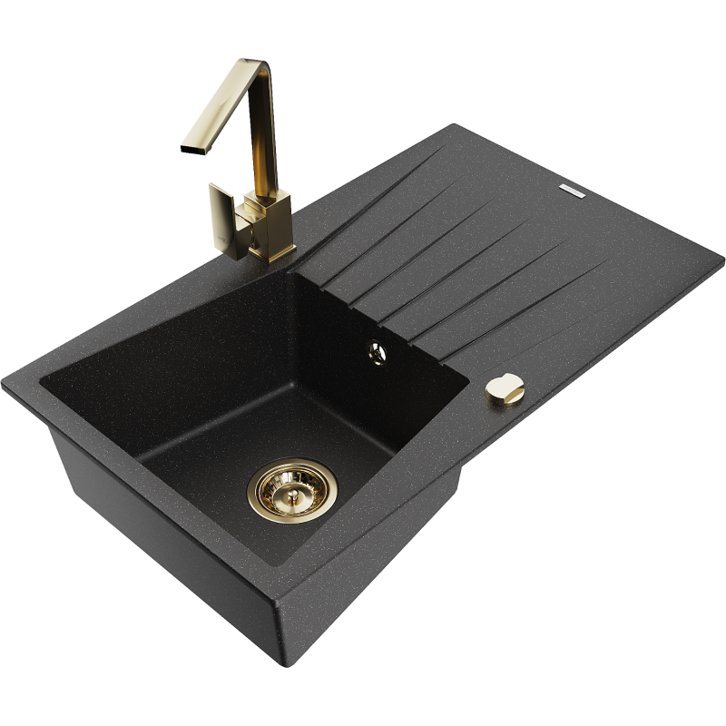 Mexen Cesar 1-bowl granite sink with drainer and Rita kitchen tap, black/silver metallic - 6514-73-670300-50