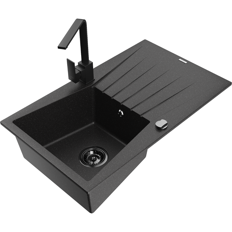 Mexen Cesar 1-bowl granite sink with drainer and Rita kitchen tap, black/silver metallic - 6514-73-670300-70-B