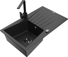Mexen Cesar Granite Sink 1-Bowl with Drainer and Kitchen Faucet Rita, Black/Silver Metallic - 6514-73-670300-70-B