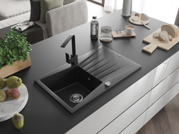 Mexen Cesar granieten spoelbak 1-compartiment met afdruiprek en keukenkraan Rita, zwart/zilver metallic - 6514-73-670300-70