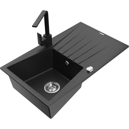 Mexen Cesar 1-bowl granite sink with drainer and Rita kitchen faucet, black/silver metallic - 6514-73-670300-70