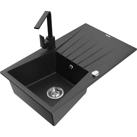 Mexen Cesar granite sink, 1-bowl with drainer and Rita kitchen tap, black/silver metallic - 6514-73-670300-70