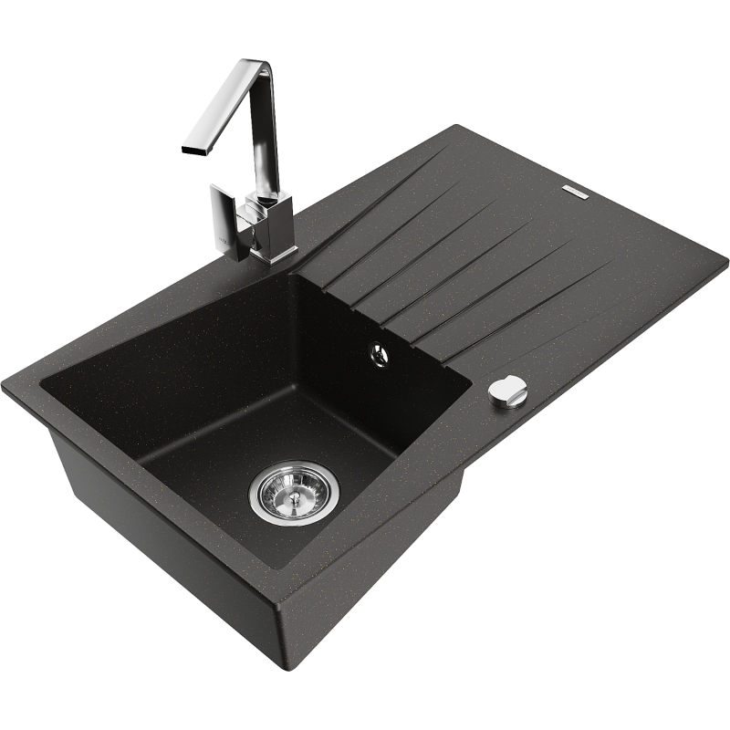 Mexen Cesar évier en granit 1 bac avec égouttoir et mitigeur de cuisine Rita, noir/doré métallisé - 6514-75-670300-00