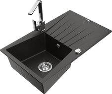 Mexen Cesar granite sink 1-bowl with drainer and kitchen faucet Rita, black/gold metallic - 6514-75-670300-00
