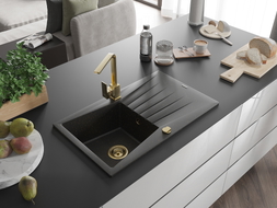 Mexen Cesar granitni sudoper s jednom komorom, ocjeđivačem i kuhinjskom slavinom Rita, crno/zlatni metalik - 6514-75-670300-50