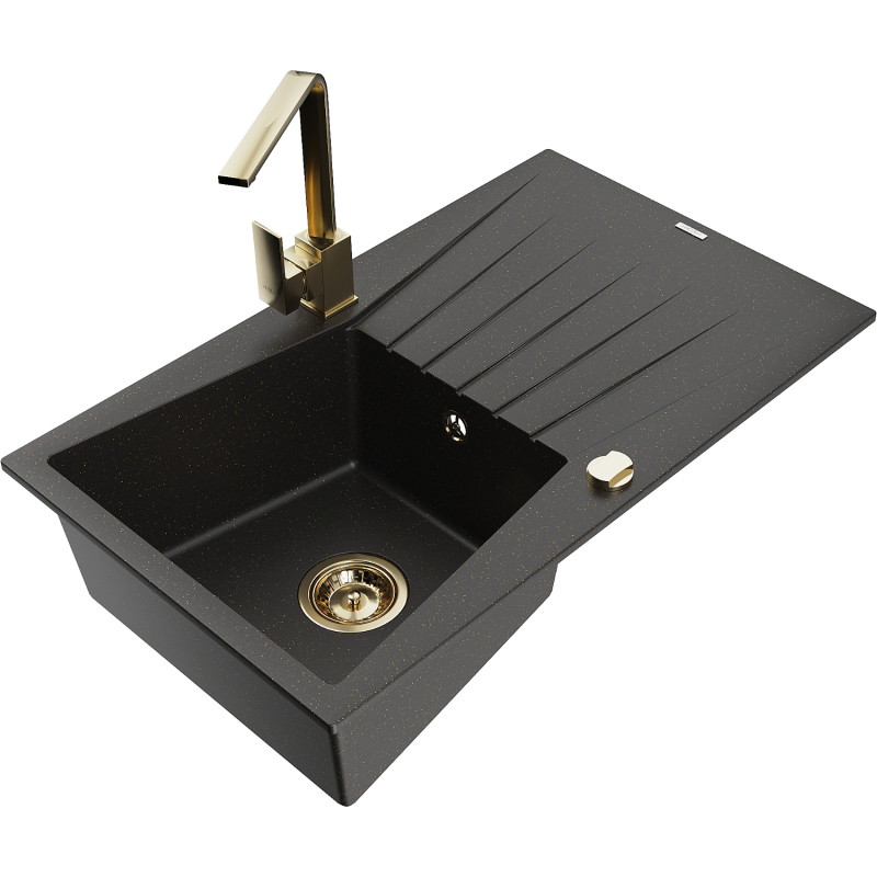 Mexen Cesar granieten spoelbak 1-kamer met afdruiprek en keukenkraan Rita, zwart/goud metallic - 6514-75-670300-50