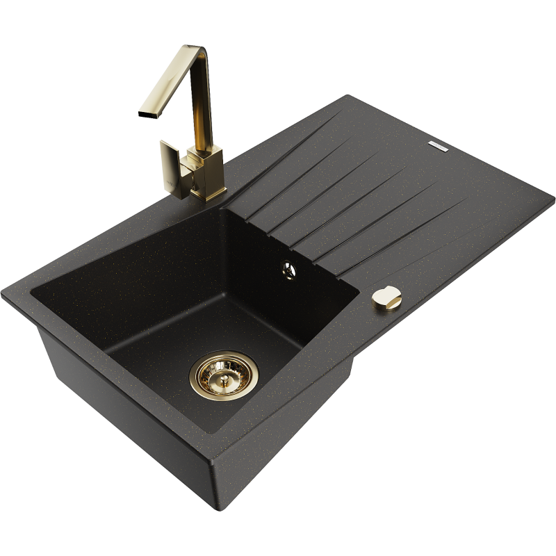 Mexen Cesar granite sink 1-bowl with drainer and Rita kitchen tap, black/gold metallic - 6514-75-670300-50