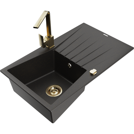 Mexen Cesar granite sink 1-bowl with drainer and Rita kitchen tap, black/gold metallic - 6514-75-670300-50