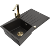 Mexen Cesar granite sink 1-bowl with drainer and Rita kitchen tap, black/gold metallic - 6514-75-670300-50