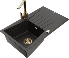 Mexen Cesar granieten spoelbak 1-kamer met afdruiprek en keukenmengkraan Rita, zwart/goud metallic - 6514-75-670300-50