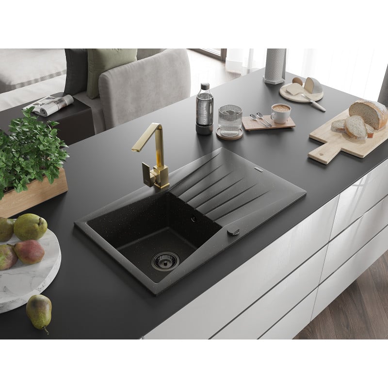 Mexen Cesar 1-bowl granite sink with drainer and Rita kitchen tap, black/gold metallic - 6514-75-670300-50-B
