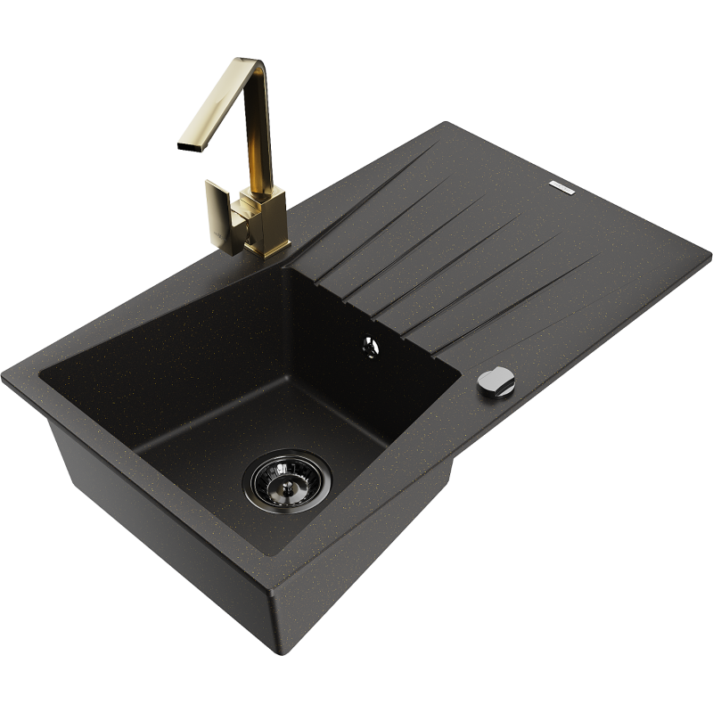 Mexen Cesar fregadero de granito de 1 cubeta con escurridor y grifo de cocina Rita, negro/oro metálico - 6514-75-670300-50-B