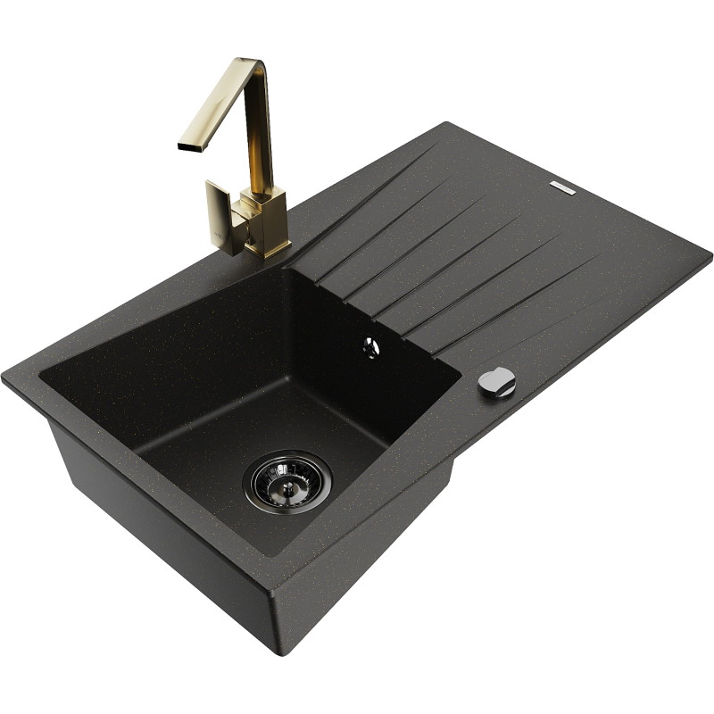 Mexen Cesar fregadero de granito de 1 seno con escurridor y grifo de cocina Rita, metalizado negro/dorado - 6514-75-670300-50-B