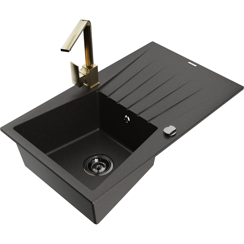 Mexen Cesar lava-loiça de granito de 1 bacia com escorredor e torneira de cozinha Rita, preto/dourado metálico