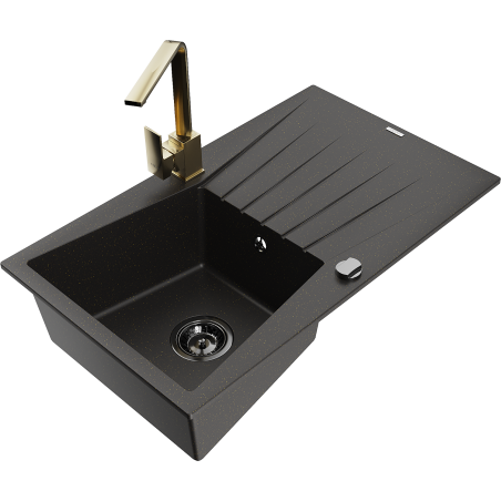 Mexen Cesar fregadero de granito de 1 cubeta con escurridor y grifo de cocina Rita, negro/oro metálico - 6514-75-670300-50-B