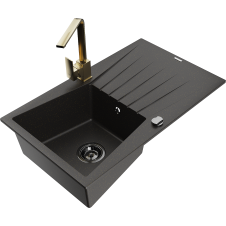 Mexen Cesar zlewozmywak granitowy 1-komorowy z ociekaczem i baterią kuchenną Rita, czarny/złoty metalik - 6514-75-670300-50-B