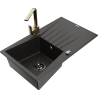 Mexen Cesar fregadero de granito de 1 cubeta con escurridor y grifo de cocina Rita, negro/oro metálico - 6514-75-670300-50-B