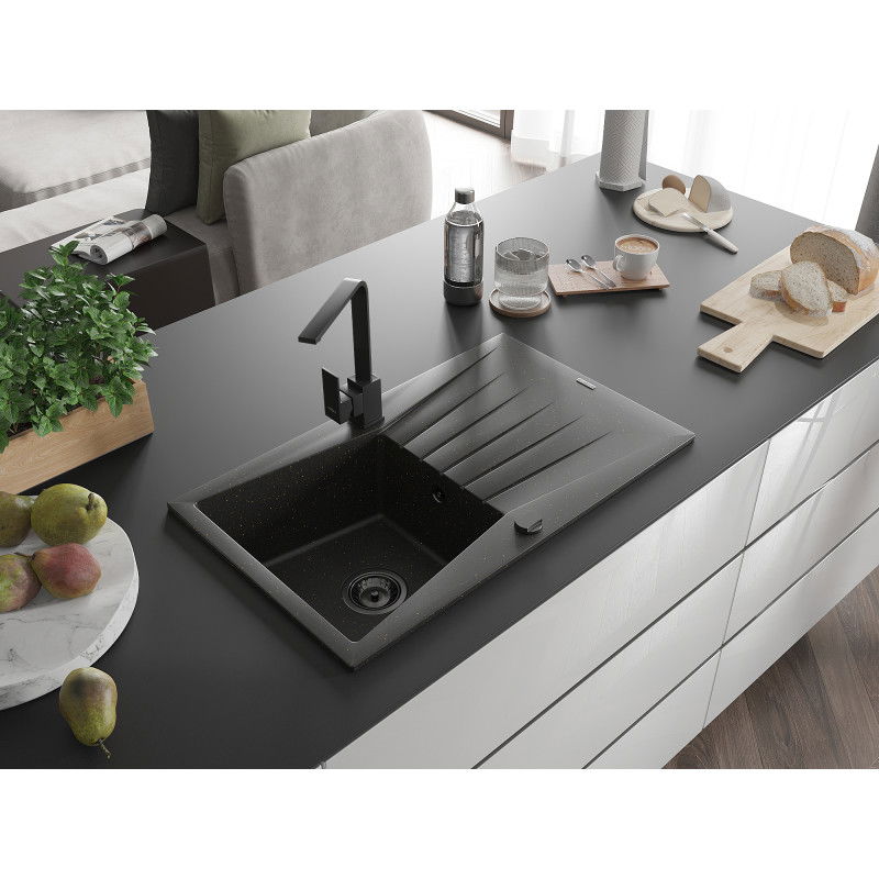 Mexen Cesar granite sink 1-bowl with drainer and kitchen tap Rita, black/gold metallic - 6514-75-670300-70-B
