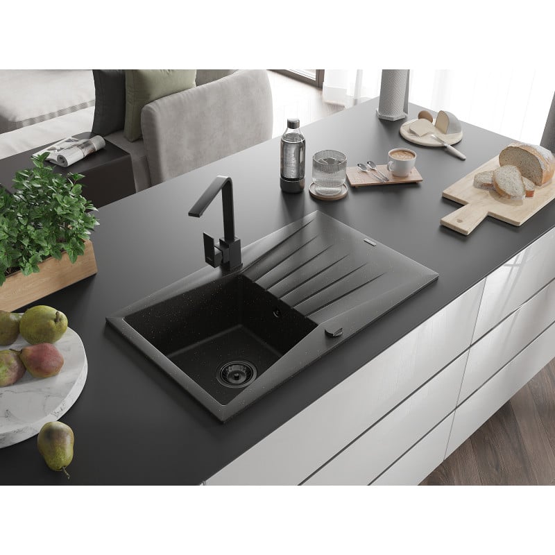 Mexen Cesar Granitspüle 1-beckig mit Abtropffläche und Küchenarmatur Rita, schwarz/gold metallic - 6514-75-670300-70-B