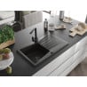 Mexen Cesar fregadero de granito de 1 cubeta con escurridor y grifo de cocina Rita, negro/metálico dorado - 6514-75-670300-70-B