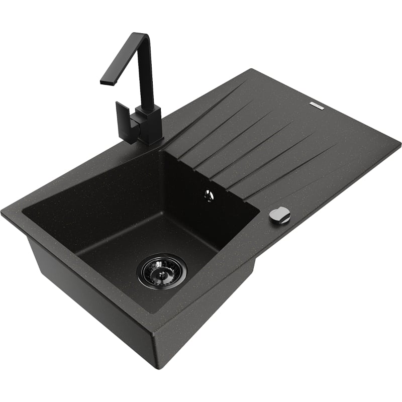Mexen Cesar Rita Single-Bowl Granite Sink with Drainer and Kitchen Faucet, Black/Gold Metallic - 6514-75-670300-70-B