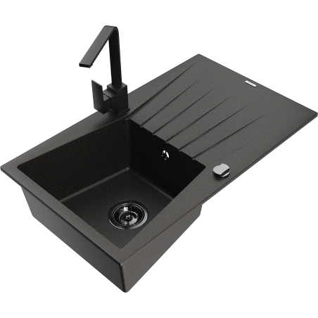 Mexen Cesar granite sink 1-bowl with drainer and kitchen tap Rita, black/gold metallic - 6514-75-670300-70-B