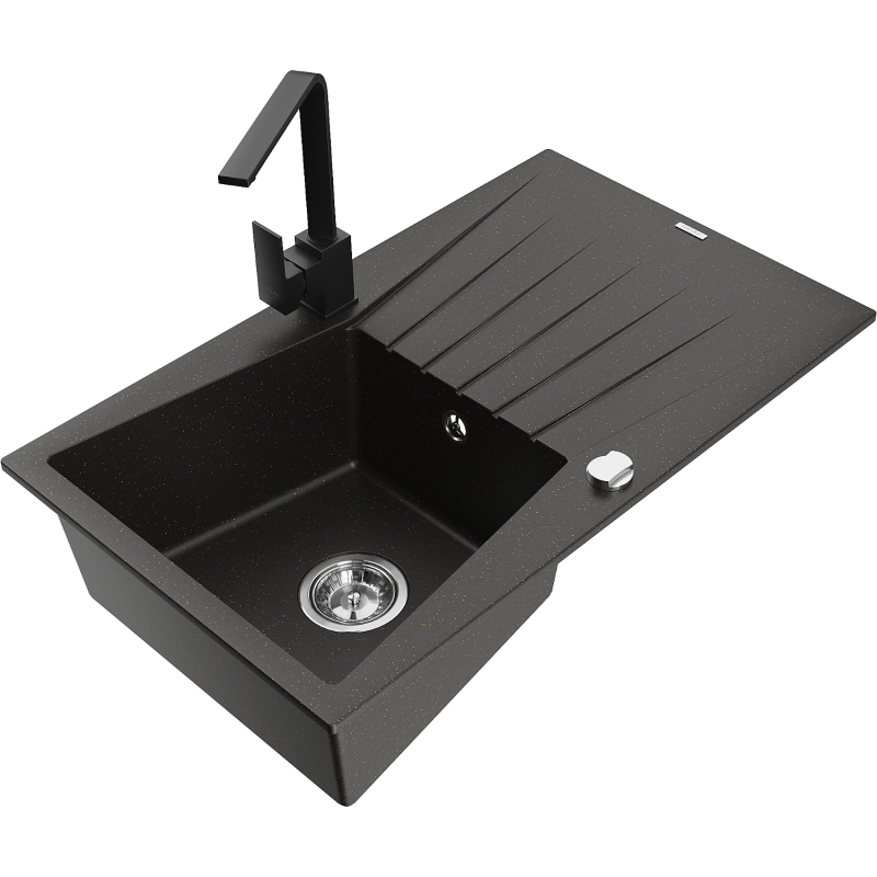 Mexen Cesar 1-bowl granite sink with drainer and Rita kitchen tap, black/gold metallic - 6514-75-670300-70