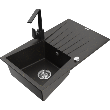 Mexen Cesar 1-bowl granite sink with drainer and Rita kitchen tap, black/gold metallic - 6514-75-670300-70