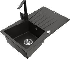 Mexen Cesar granite kitchen sink with 1 bowl, drainer, and kitchen faucet Rita, black/gold metallic - 6514-75-670300-70