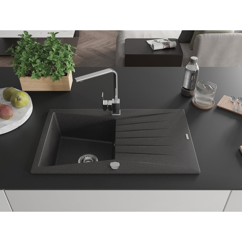 Mexen Cesar granite kitchen sink 1-bowl with drainer and kitchen faucet Rita, black speckled - 6514-76-670300-00