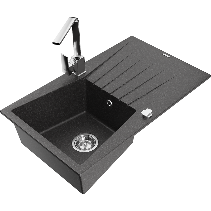 Mexen Cesar fregadero de granito de 1 cuenca con escurridor y grifo de cocina Rita, negro moteado - 6514-76-670300-00