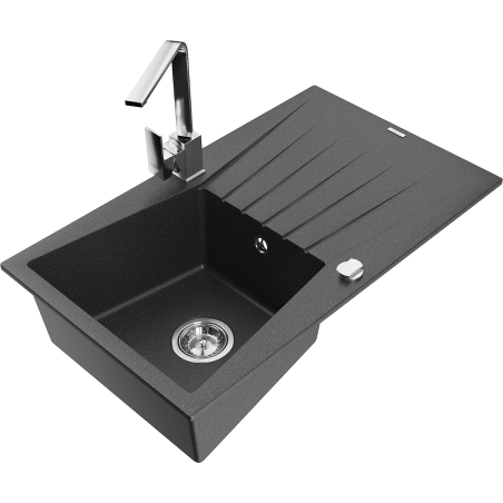 Mexen Cesar granite kitchen sink 1-bowl with drainer and kitchen faucet Rita, black speckled - 6514-76-670300-00