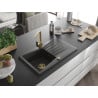 Mexen Cesar 1-bowl granite sink with drainer and Rita kitchen tap, black speckled - 6514-76-670300-50