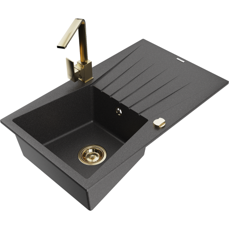 Mexen Cesar 1-bowl granite sink with drainer and Rita kitchen tap, black speckled - 6514-76-670300-50