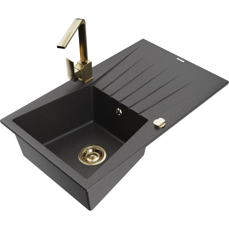 Mexen Cesar granitdiskho med en skål med avlopp och köksblandare Rita, svart stänk - 6514-76-670300-50