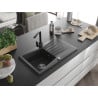 Mexen Cesar granite sink single-bowl with drainer and Rita kitchen tap, black speckled - 6514-76-670300-70
