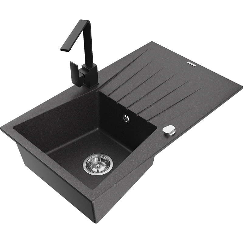 Mexen Cesar granite sink single-bowl with drainer and Rita kitchen tap, black speckled - 6514-76-670300-70