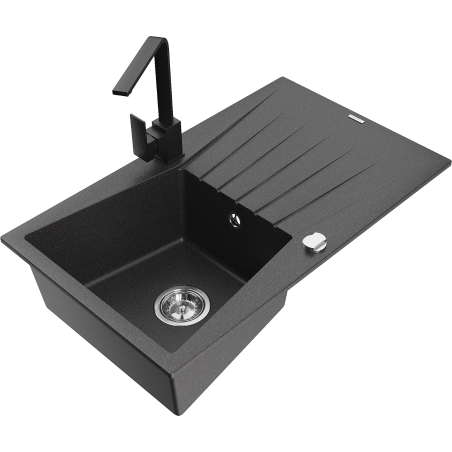 Mexen Cesar granite sink single-bowl with drainer and Rita kitchen tap, black speckled - 6514-76-670300-70