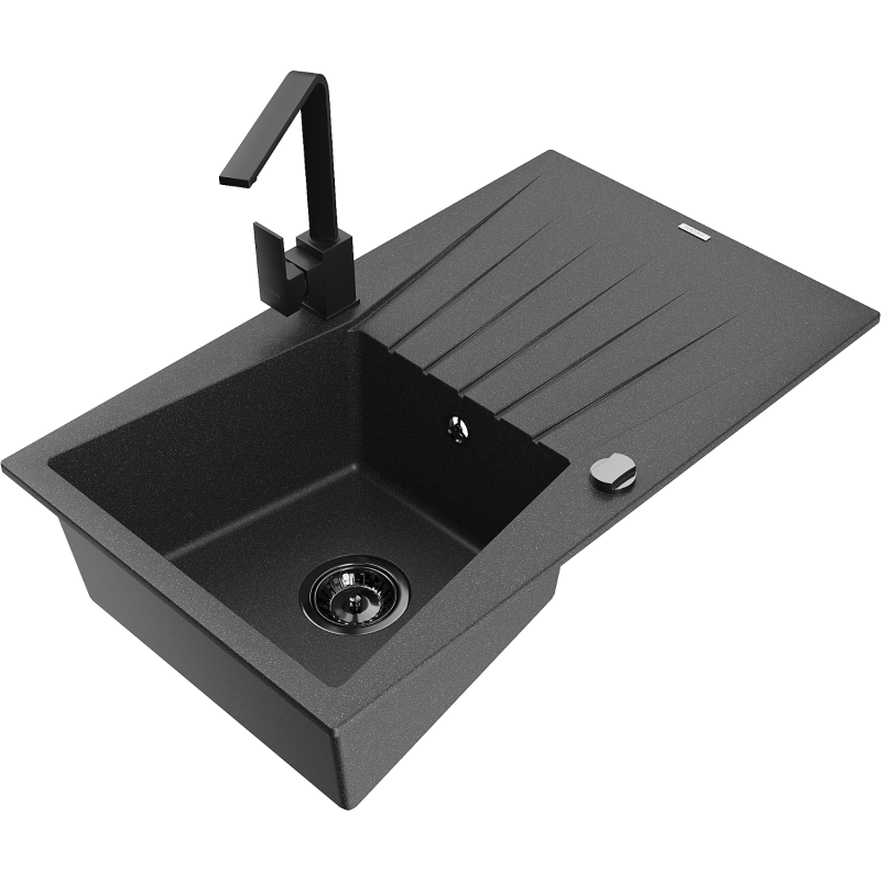 Mexen Cesar lava-loiça de granito de 1 cuba com escorredor e torneira de cozinha Rita, preto salpicado - 6514-76-670300-70-B