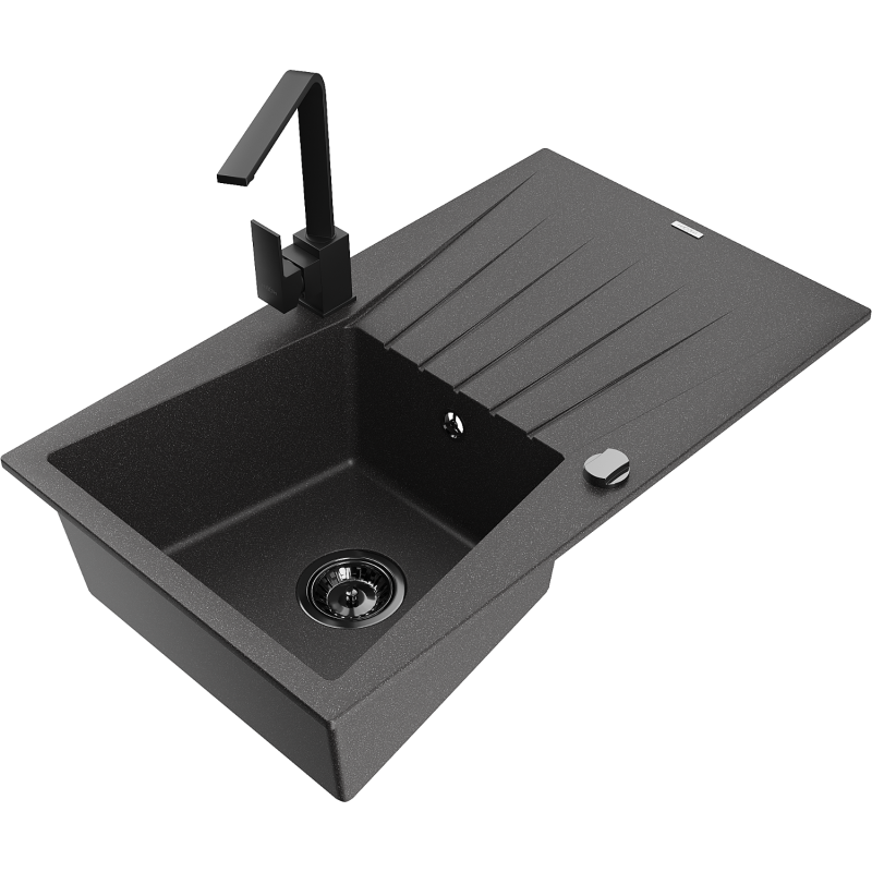 Mexen Cesar single-bowl granite sink with drainer and Rita kitchen tap, black speckled - 6514-76-670300-70-B