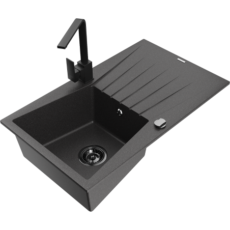 Mexen Cesar single-bowl granite sink with drainer and Rita kitchen tap, black speckled - 6514-76-670300-70-B