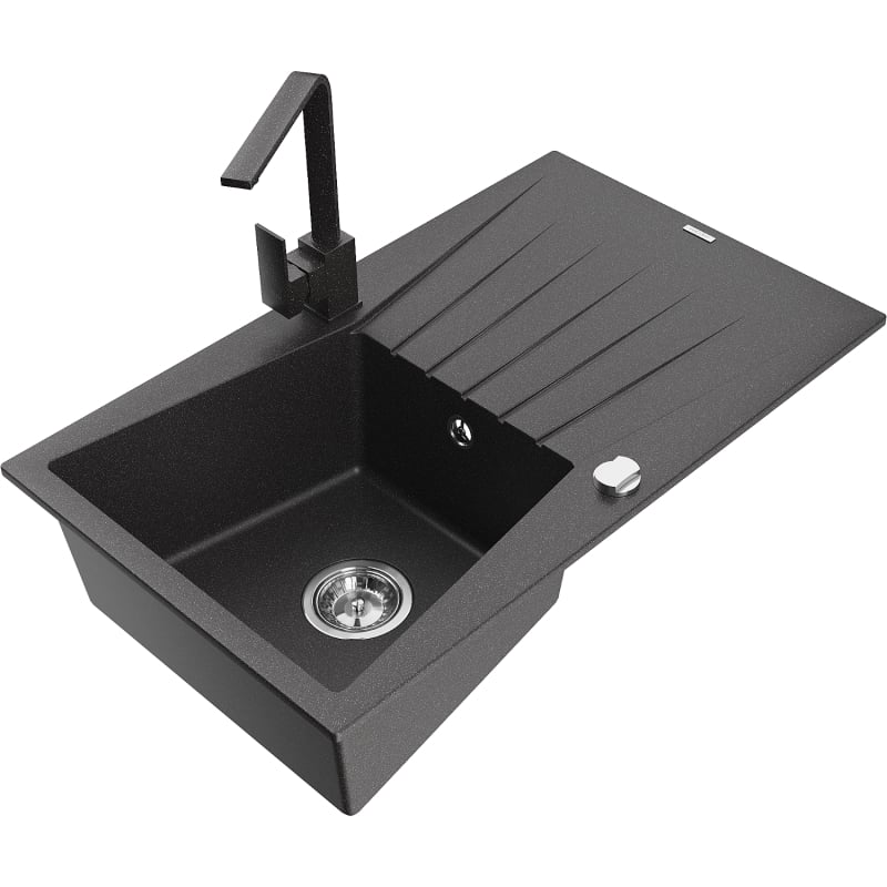 Mexen Cesar granite single-bowl sink with drainer and kitchen faucet Rita, black speckled - 6514-76-670300-76