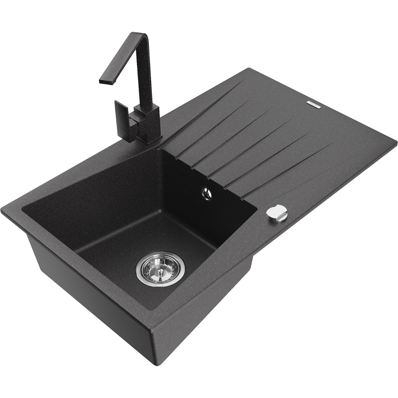Mexen Cesar granite sink 1-bowl with drainer and Rita kitchen tap, speckled black - 6514-76-670300-76