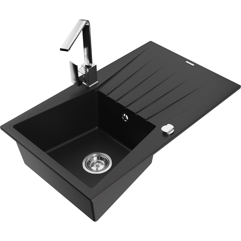 Mexen Cesar 1-bowl granite sink with drainer and Rita kitchen tap, black - 6514-77-670300-00