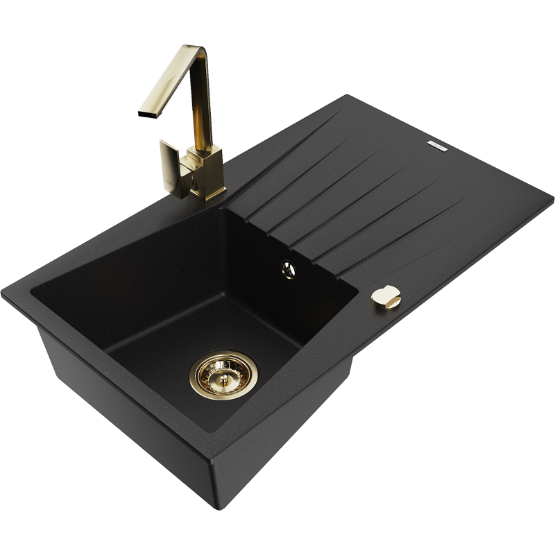 Mexen Cesar 1-compartment granite sink with a drip tray and kitchen mixer tap Rita, Black - 6514-77-670300-50
