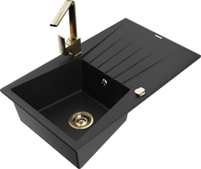 Mexen Cesar granite sink 1-bowl with drainer and Rita kitchen tap, black - 6514-77-670300-50